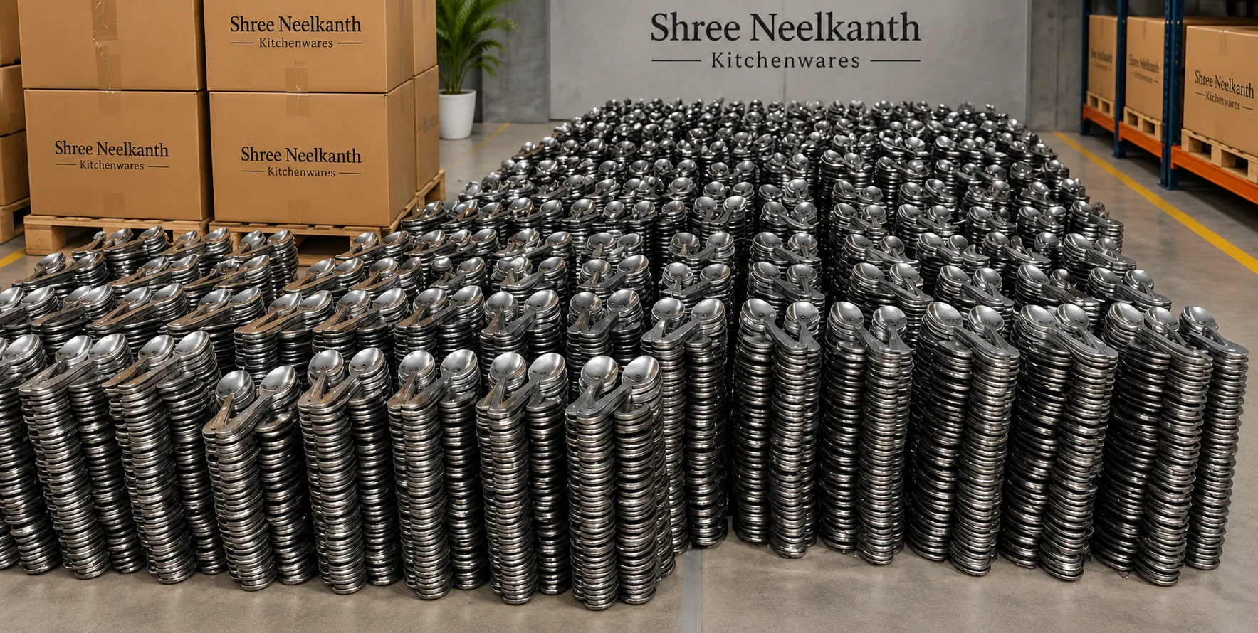 Stacks of stainless steel spoons ready for dispatch
